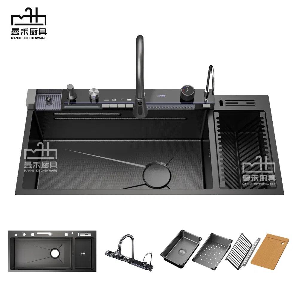 New Handmade Extended Stainless Steel Dish Bain Waterfall Kitchen Sink with Dish Rack 10046