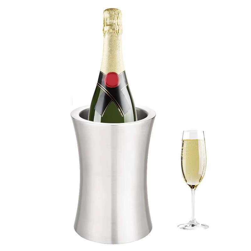 Wholesale 1.6L Stainless Steel Double Wall Wine Cooler Round Champagne Chiller Bottle Silver Metal Ice Bucket for Beverages