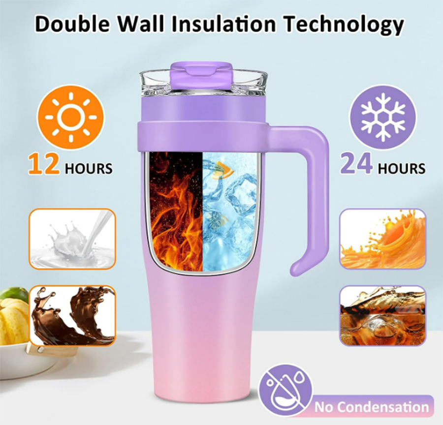 Double Wall Vacuum Reusable Stainless Steel Tumbler with Handle and Straw Lid