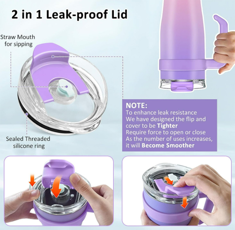 Double Wall Vacuum Reusable Stainless Steel Tumbler with Handle and Straw Lid