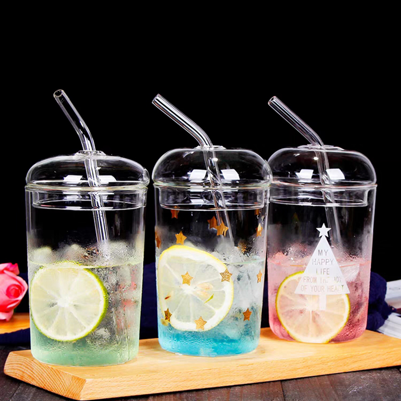 Handmade Borosilicate Single Wall Smart Mug with Glass Straw and Lid for Lemon Water Juice Tea Set