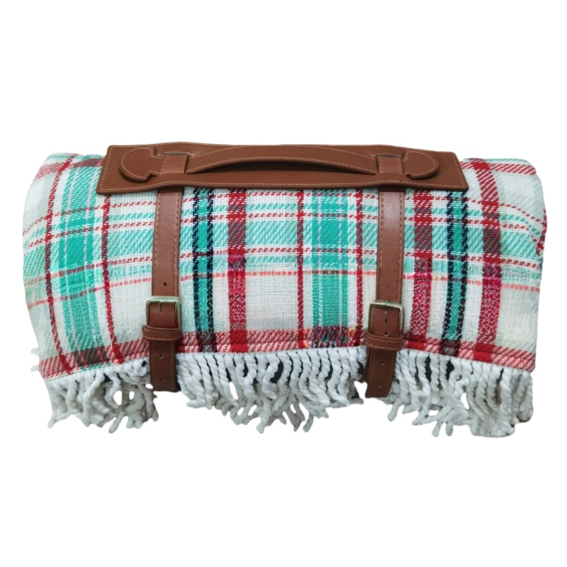 Customized Wholesale Outdoor Knitted Picnic Travel Camping Beach Foldable Portable Waterproof Blanket Mat with Tassels and Leather Hand Belt