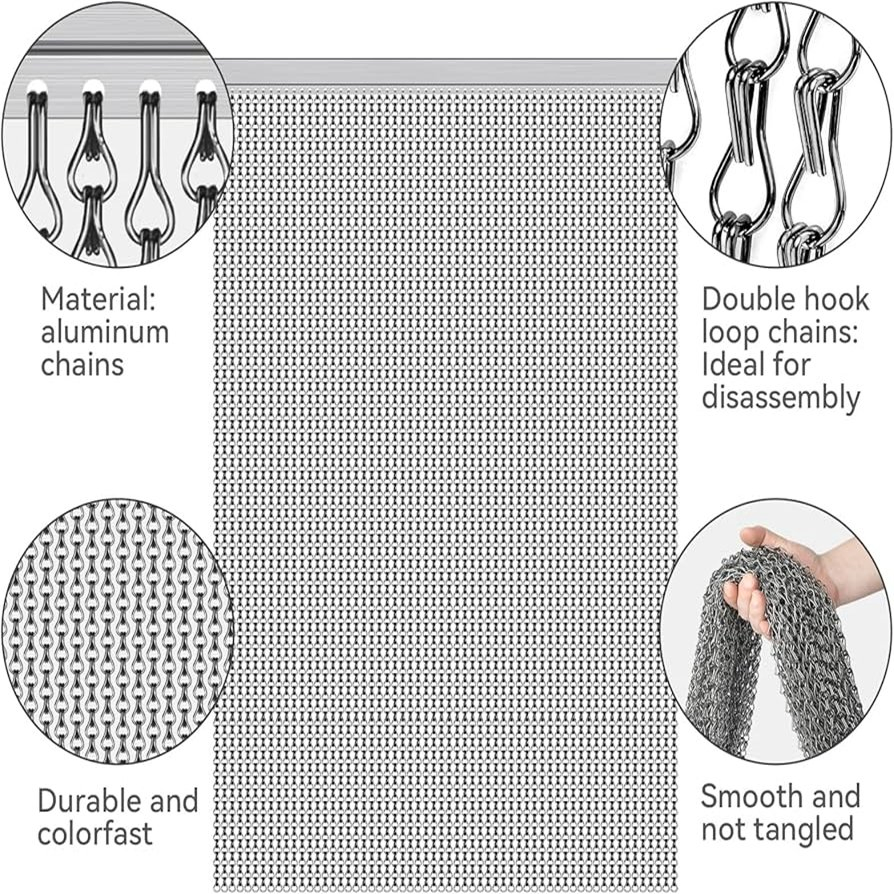 Double Hook Chain Anodized Aluminum Silver Chain Fly Curtain Screen, Door Pest Control, 90X210cm