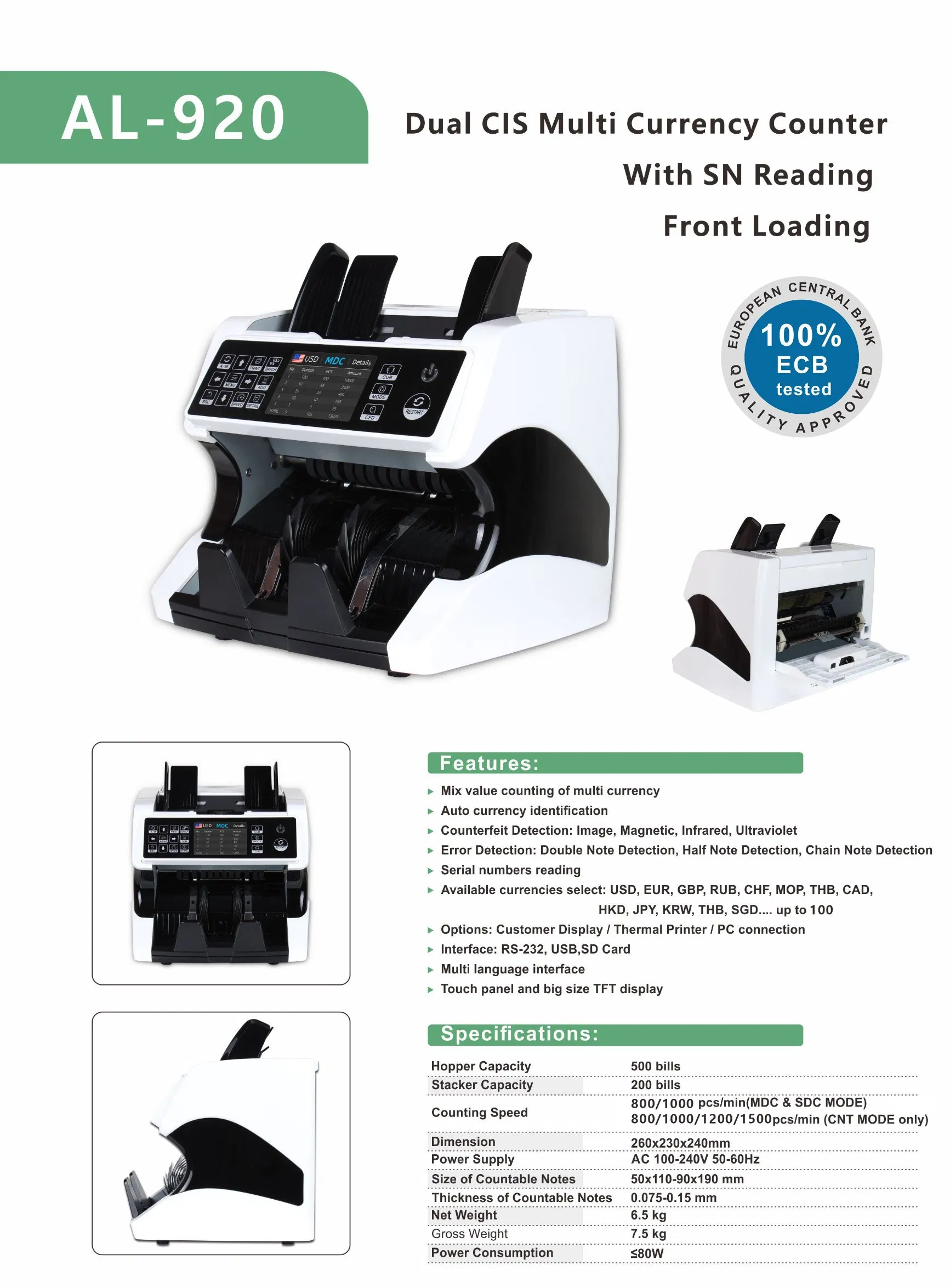 Al-920 with TFT Display Money Detector Auto Currency Identification Bill Counter