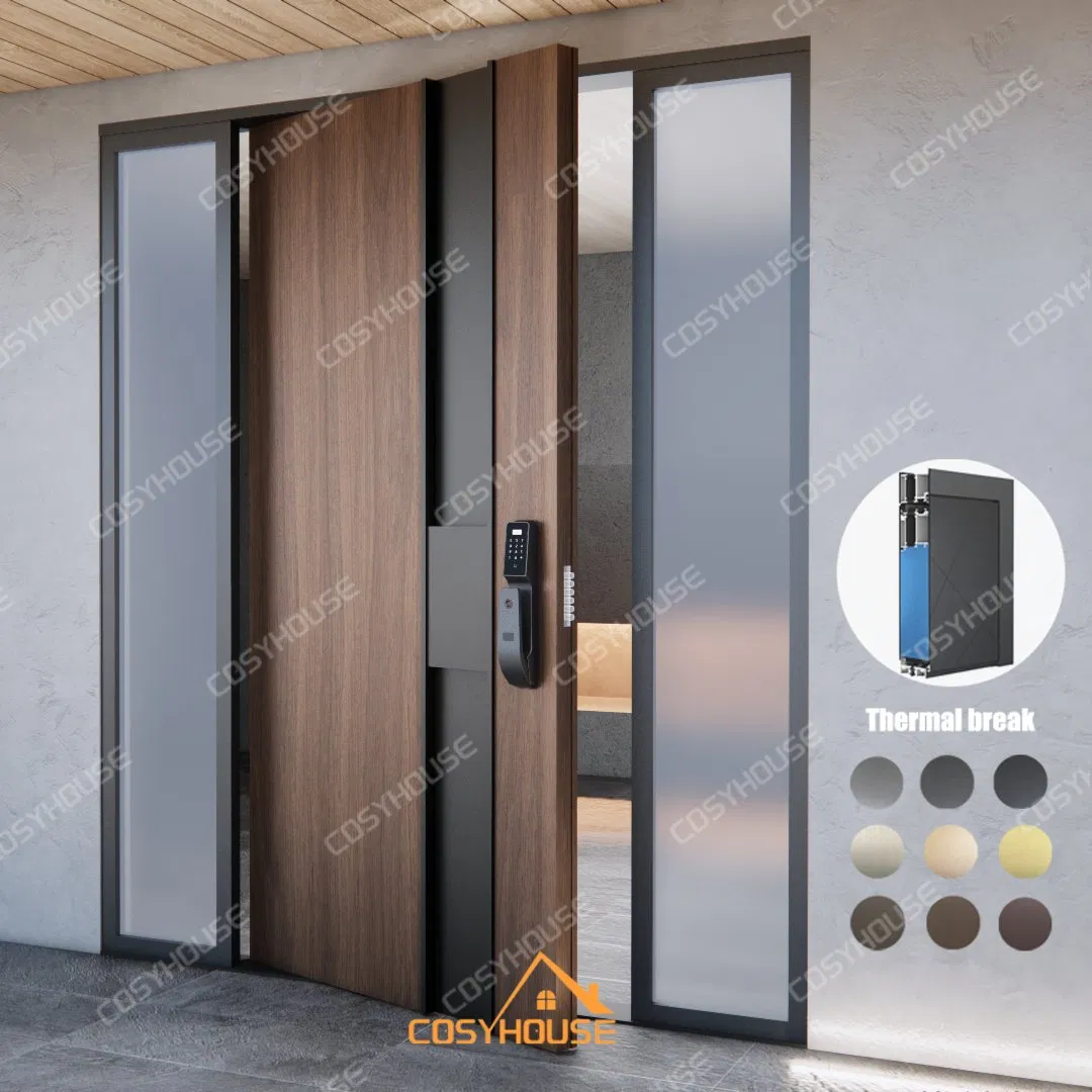 European Style Aluminium Pivot Entry Doors Modern Aluminum Wood Door with Two Sidelights Large Main Front Entry Door
