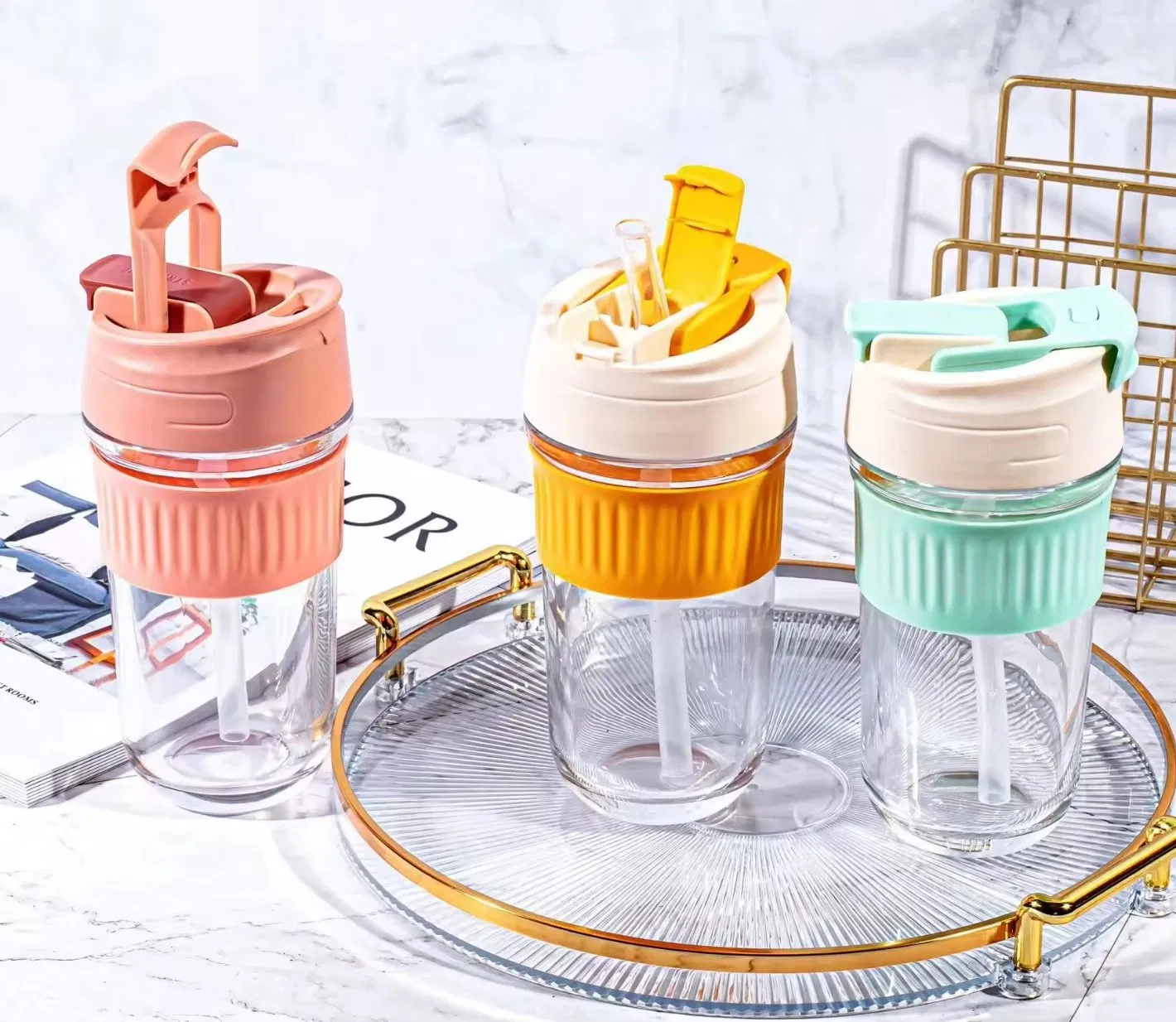 Double Drinking Cup, Glass Water Cup, Coffee Cup, Straw Cup with Lid