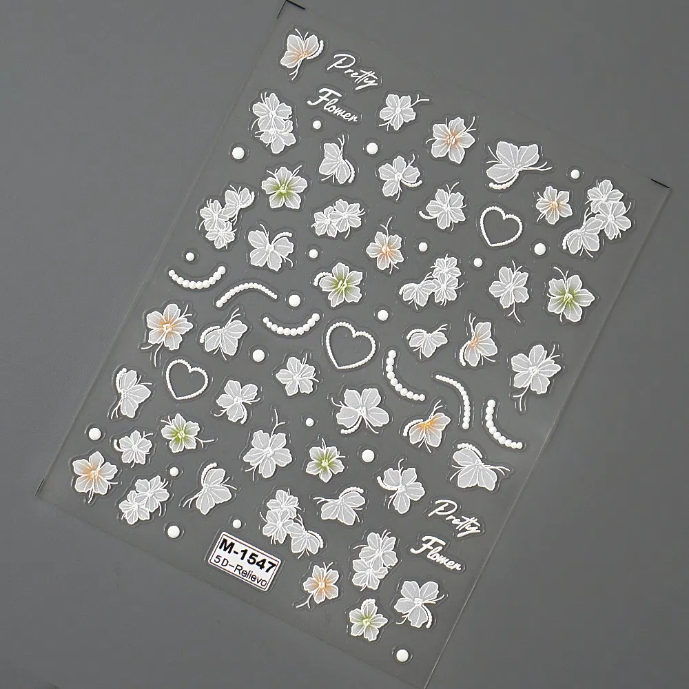 White Cartoon 5D Butterfly with Flowers Grass Custom 3D Manicure Nail Art Sticker Self-Adhesive Decals
