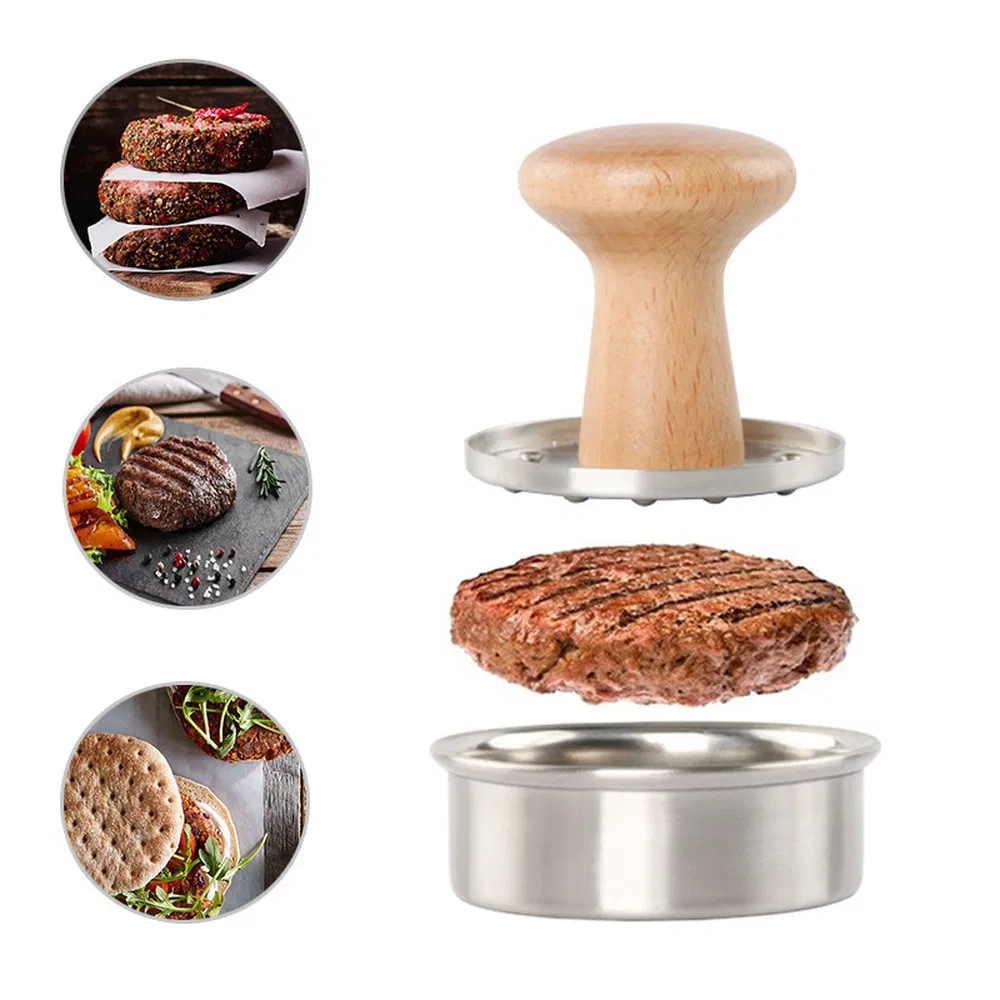 Bamboo Wooden Handle Wide Big Round BBQ Smokeless Grill Press
