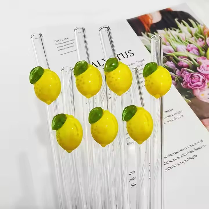 Lemon Design Clear Glass Straw Shatter Reusable Cocktail Straw Bend Cute Straw with Charm
