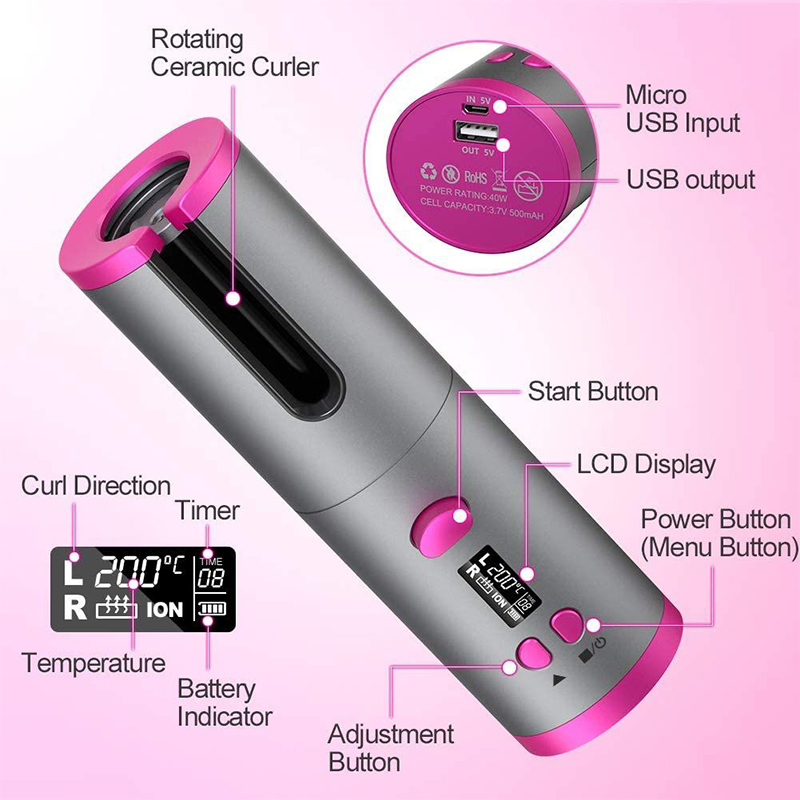 New Electric Curling Irons with LCD Display PTC Ceramic Barrel Portable Rechargeable Cordless Automatic Hair Curler
