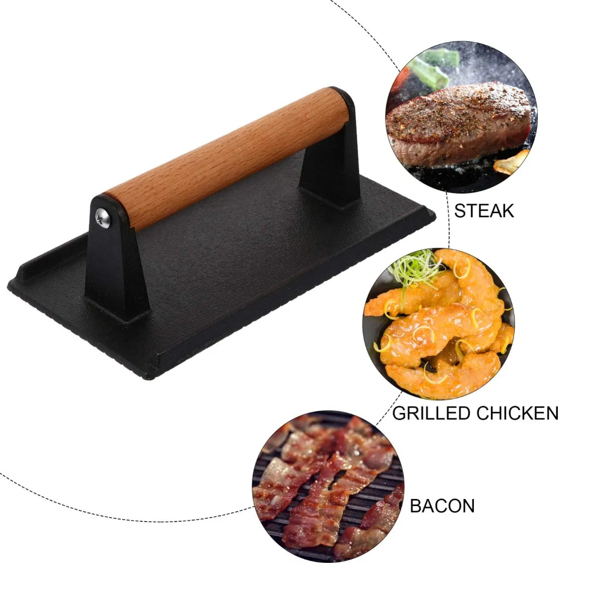 High Quality Meat Press for Steak Burgers Sandwiches Round Rectangular Shape Cast Iron Griddle Press with Wood Handle