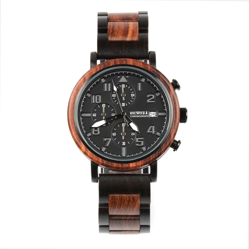 Bewell Luxury Handmade Waches Custom Quartz Chronograph Watch Engraved Wooden Watches Men Wrist