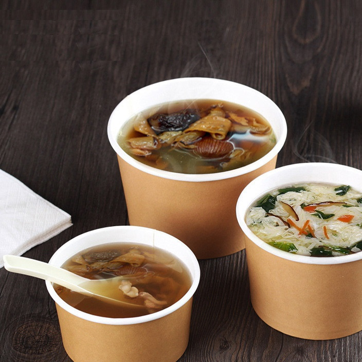 Disposable Kraft Paper Soup Bowl with Paper Lid Snacks Noodle Takeaway Packaging Soup Cup