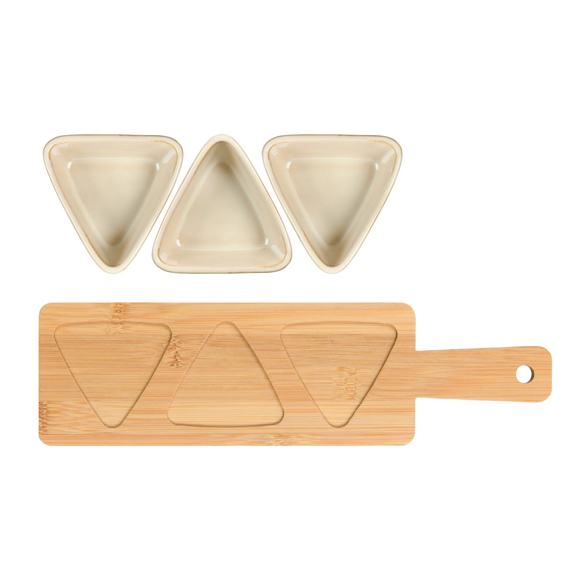 Ceramic Triangle Divided Plate Porcelain Serving Plates with Bamboo Tray