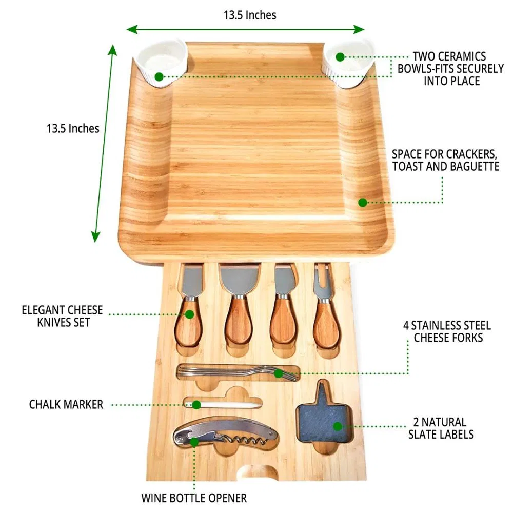 Premium Bamboo Cheese Board and Cutlery Set with Hidden Drawer