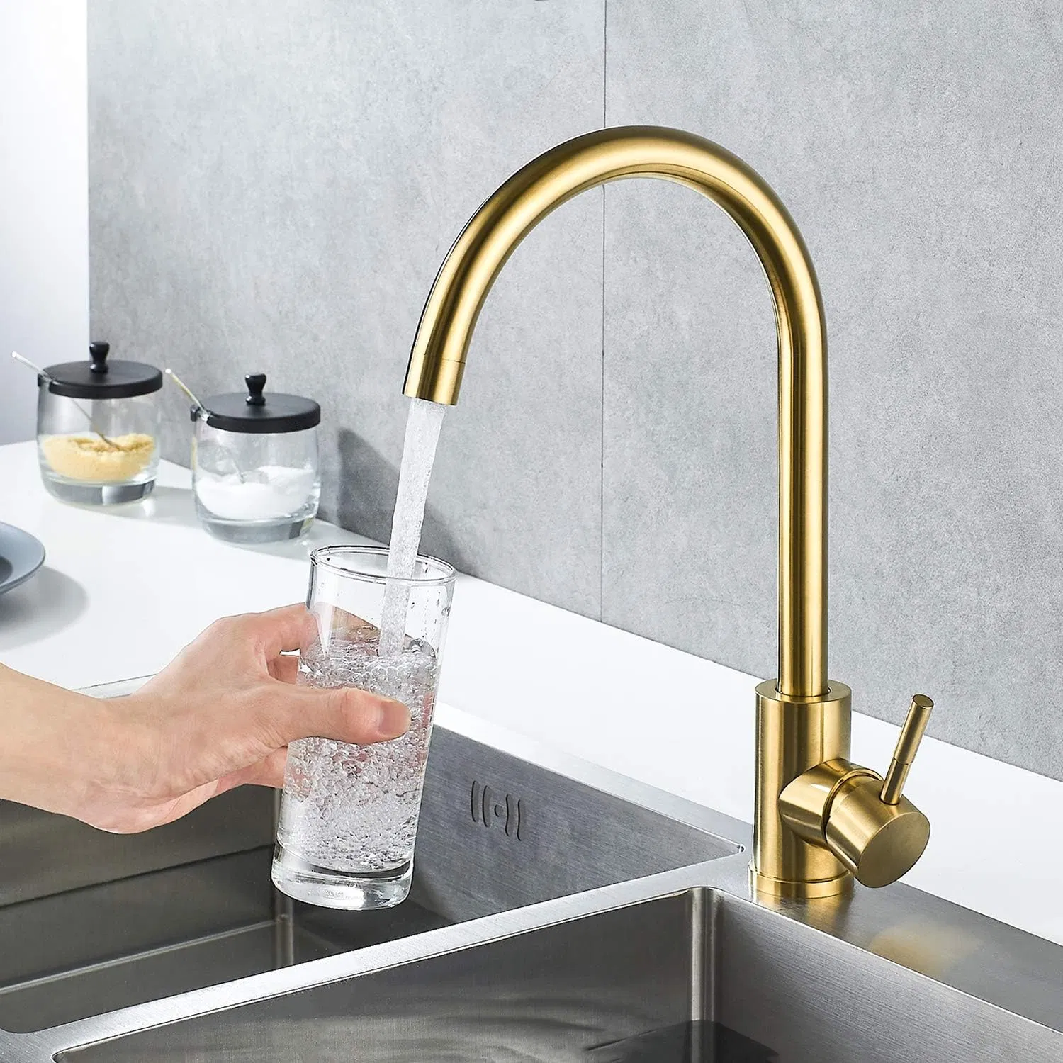 Single Handle High Arc Brushed Gold Kitchen Faucet Stainless Steel Commercial Single Hole Kitchen Sink Faucet, Modern One Hole Bar Sink Faucet