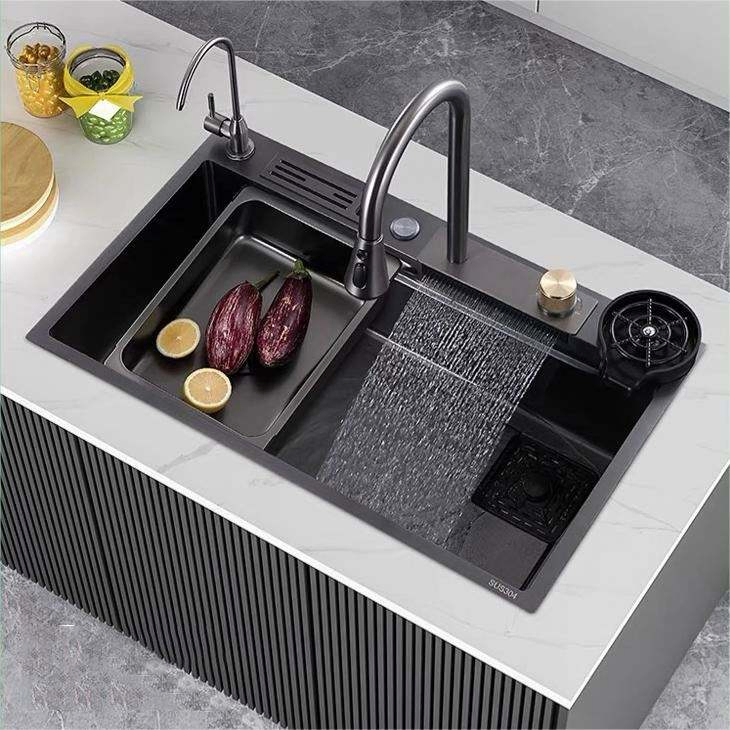 7546 Black Waterfall Drop in Sink Stainless Steel Sink Multifunction Single Bowl Smart Top Mount Kitchen Sink with Faucet Combo - Buy Kitchen Sink Sink Kit