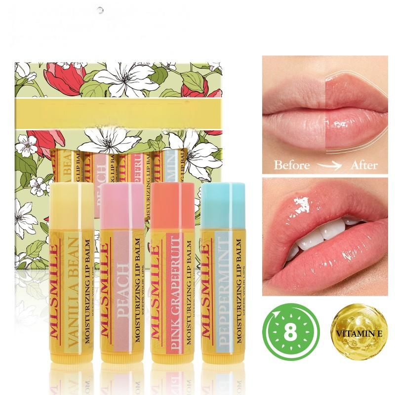 Luxurious 4-Piece Lip Care Set Fashion-Forward Lipstick Vitamin E Fruit Flavored Moisturizing Lip Balm Mineral Lip Balm Stick