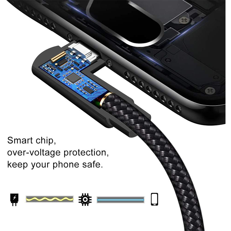 Wholesale Micro Fast Black Nylon Braided Micro USB 2m Cell Phone Charger Long Right Angle Data Cable