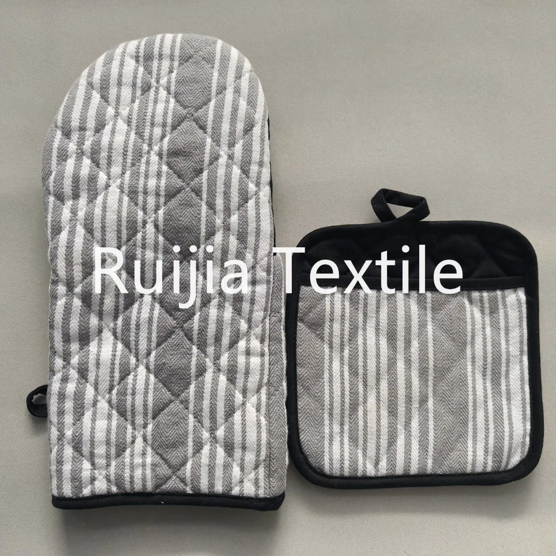 Printed Stripe Heat Resistant Kitchen Cotton Duckbill Oven Mitts Potholers Set China Factory