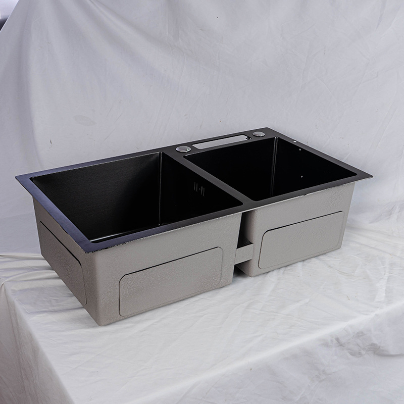 Nano Black Double Bowl Handmade Drop-in Kitchen Sink-Basin with Faucet, Factory Wholesale