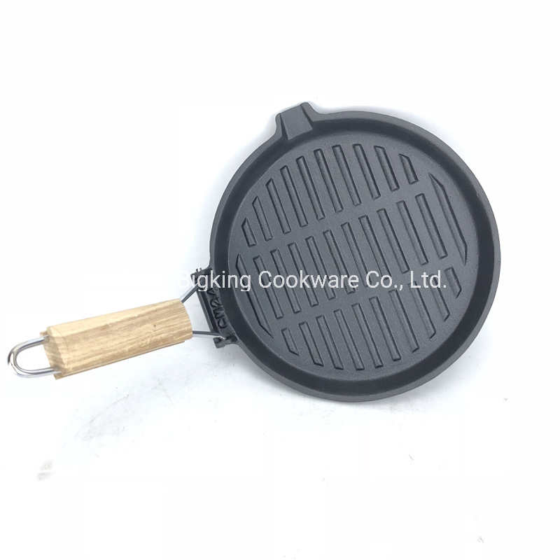 Cast Iron Nonstick 24cm Round Grill Pan with Foldable Handle, Steak Pan, Oven Safe