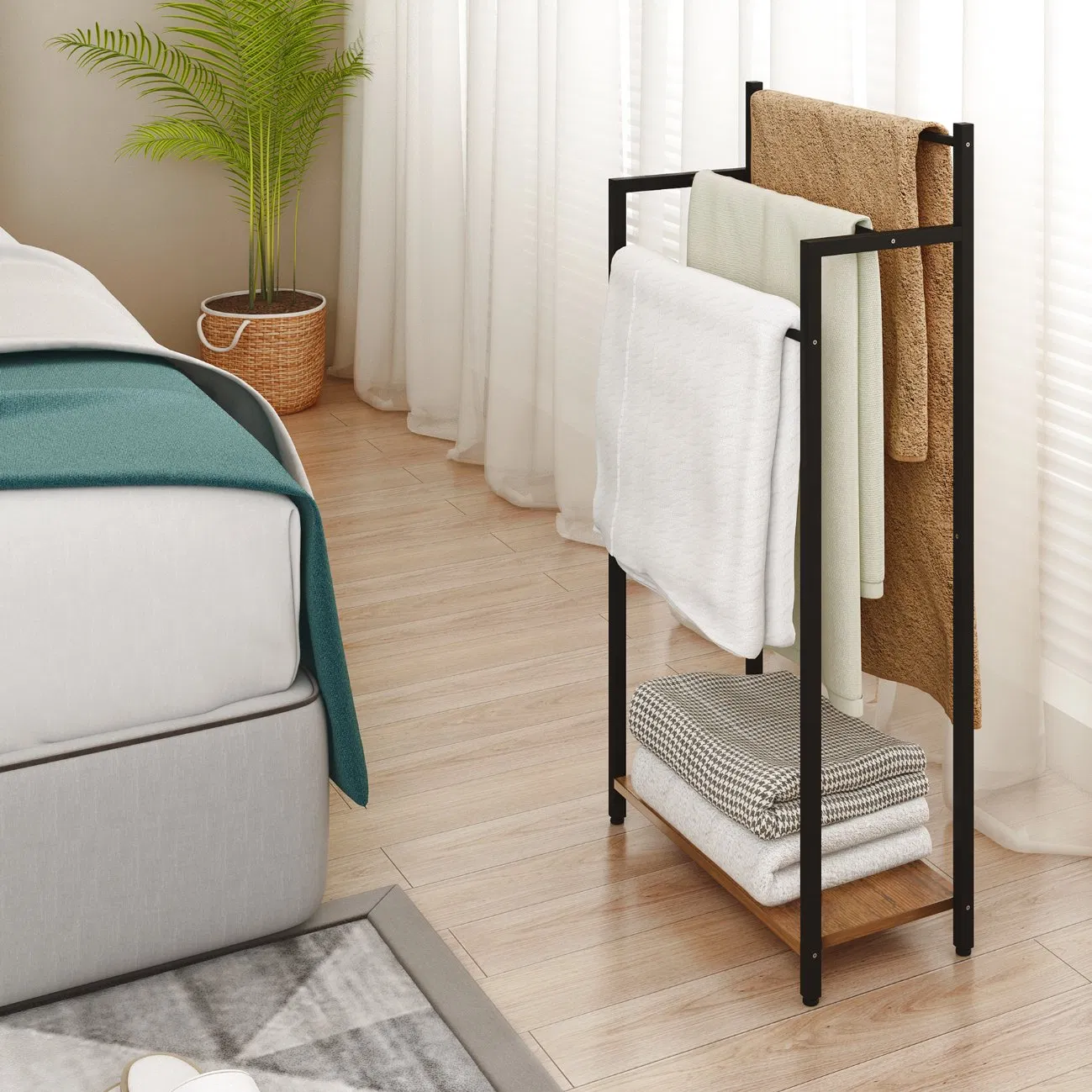 3 Tier Wooden Metal Freestanding Towel Rack Blanket Ladder Stand for Bathroom Living Room