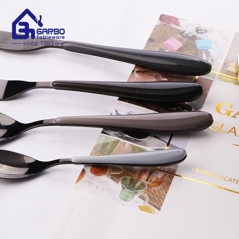 Hot Sale High-End Handmade Black Stainless Steel Polishing Flatware Set Tableware Set Electronic-Plating Knife Fork Spoon Light with Classical Plastic Handle