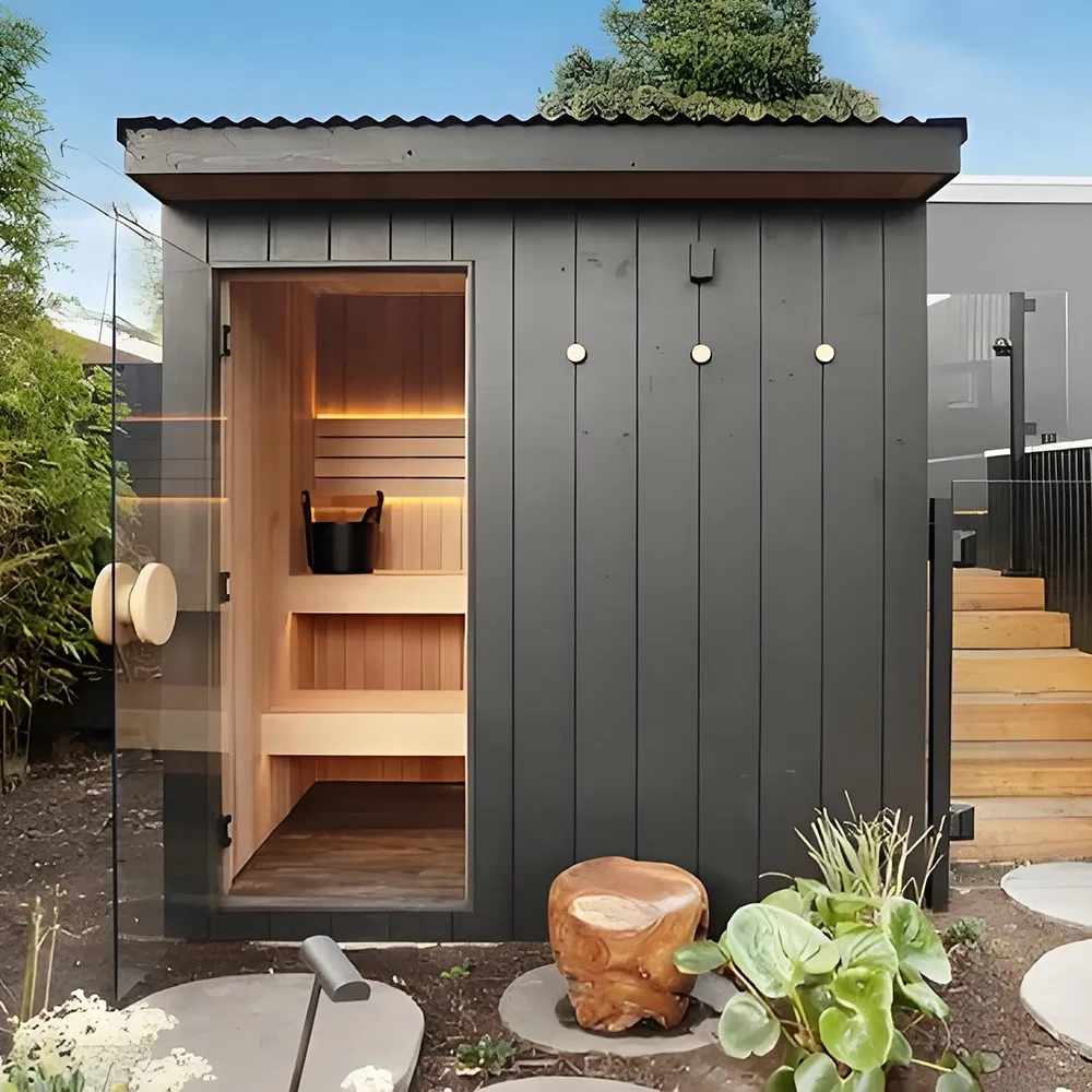 Customizable Outdoor Traditional Square Sauna with LED Lighting