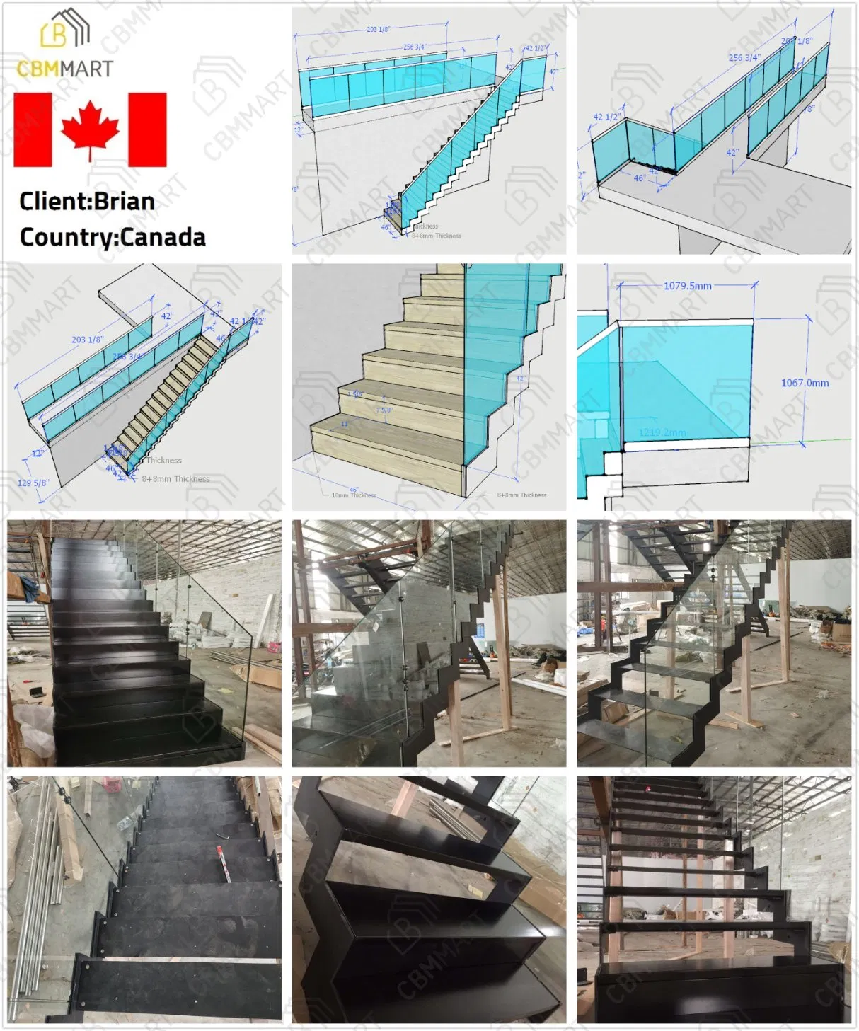 Cbmmart Modern Indoor Straight Stairs with Wood Streads Glass Railing Design
