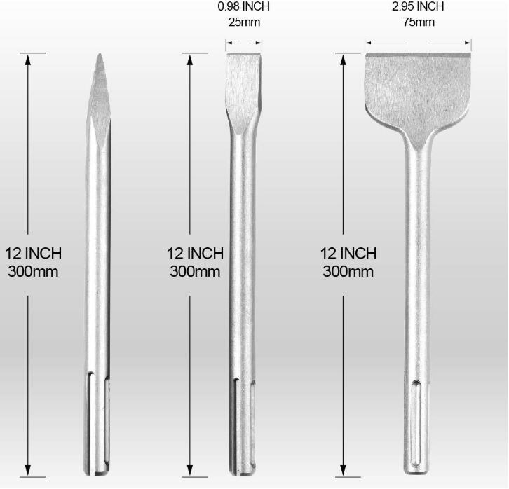 12-Inch SDS Max Chisel Set, 3-Piece Including Flat Chisel, Point Chisel and Scaling Chisel with Storage Box