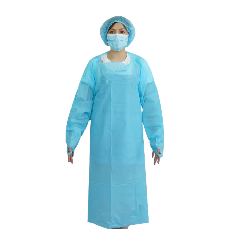 Disposable Dental CPE Gown Surgical Plastic Waterproof CPE Isolation Gown Blue with Long Sleeve in Stock