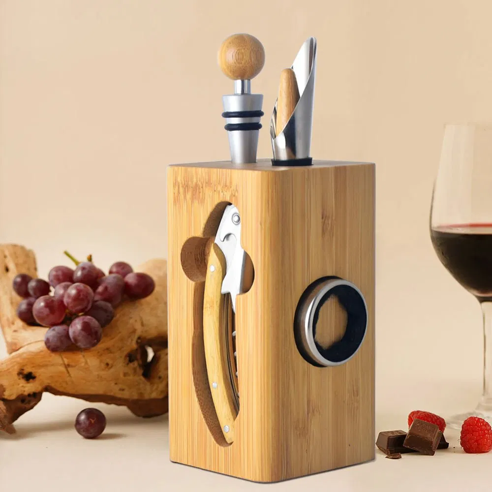Stainless Steel 5-Piece Stopper Pourer Cutters Wine Bottle Opener Tool Kits with Bamboo Base