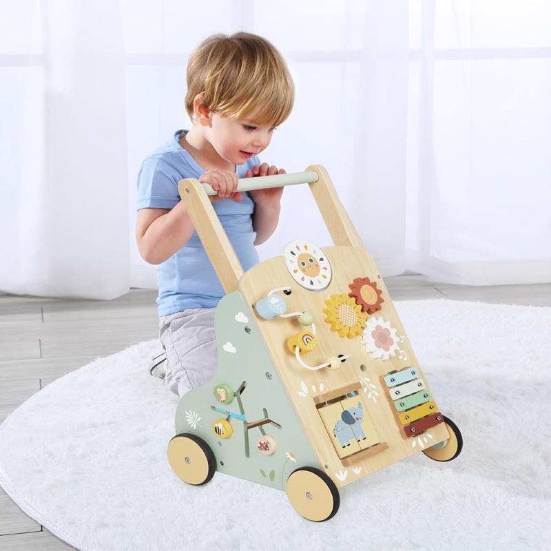 Multi-Function Wooden Baby Walker Activity Sensory Busy Board Pull and Push Cart Baby Learning Walk