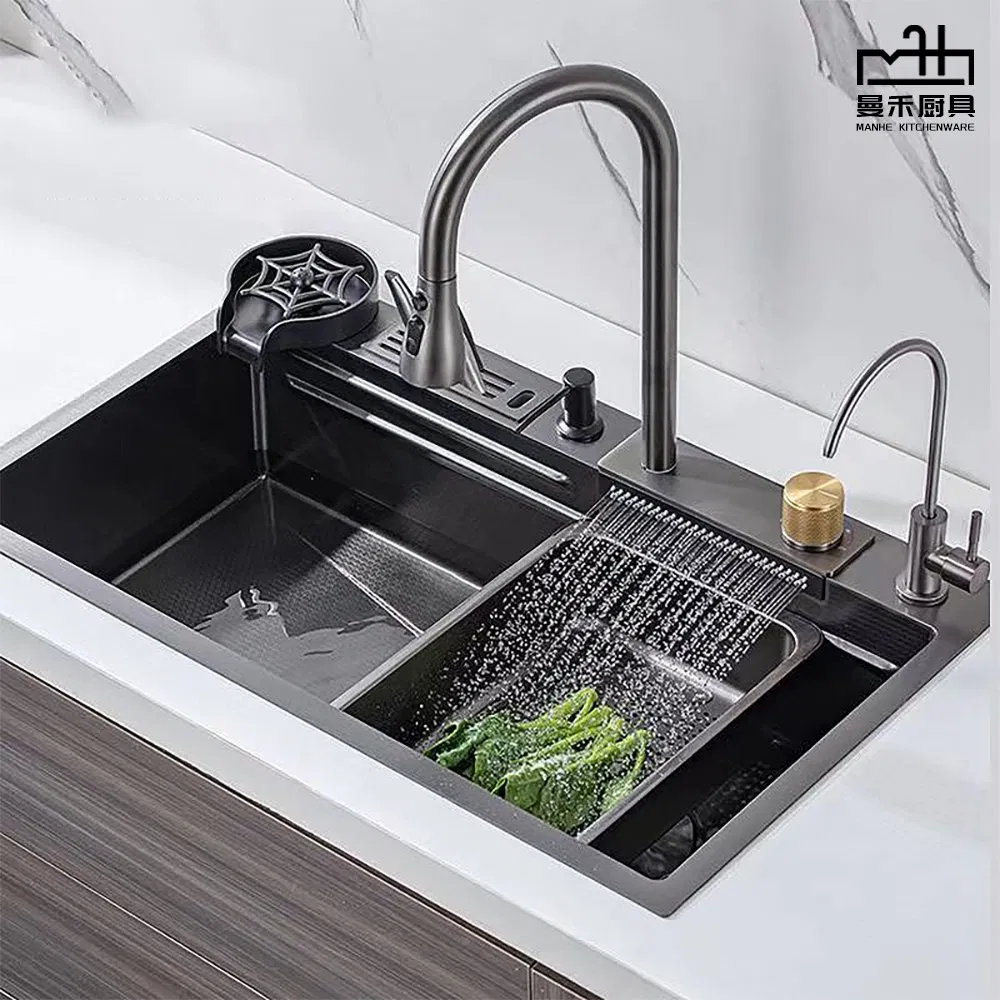 Factory Customised 304 Stainless Steel Single Kitchen Sink with Waterfall Faucet Regular Style Wire Drawing Gold Flying Rain Sink