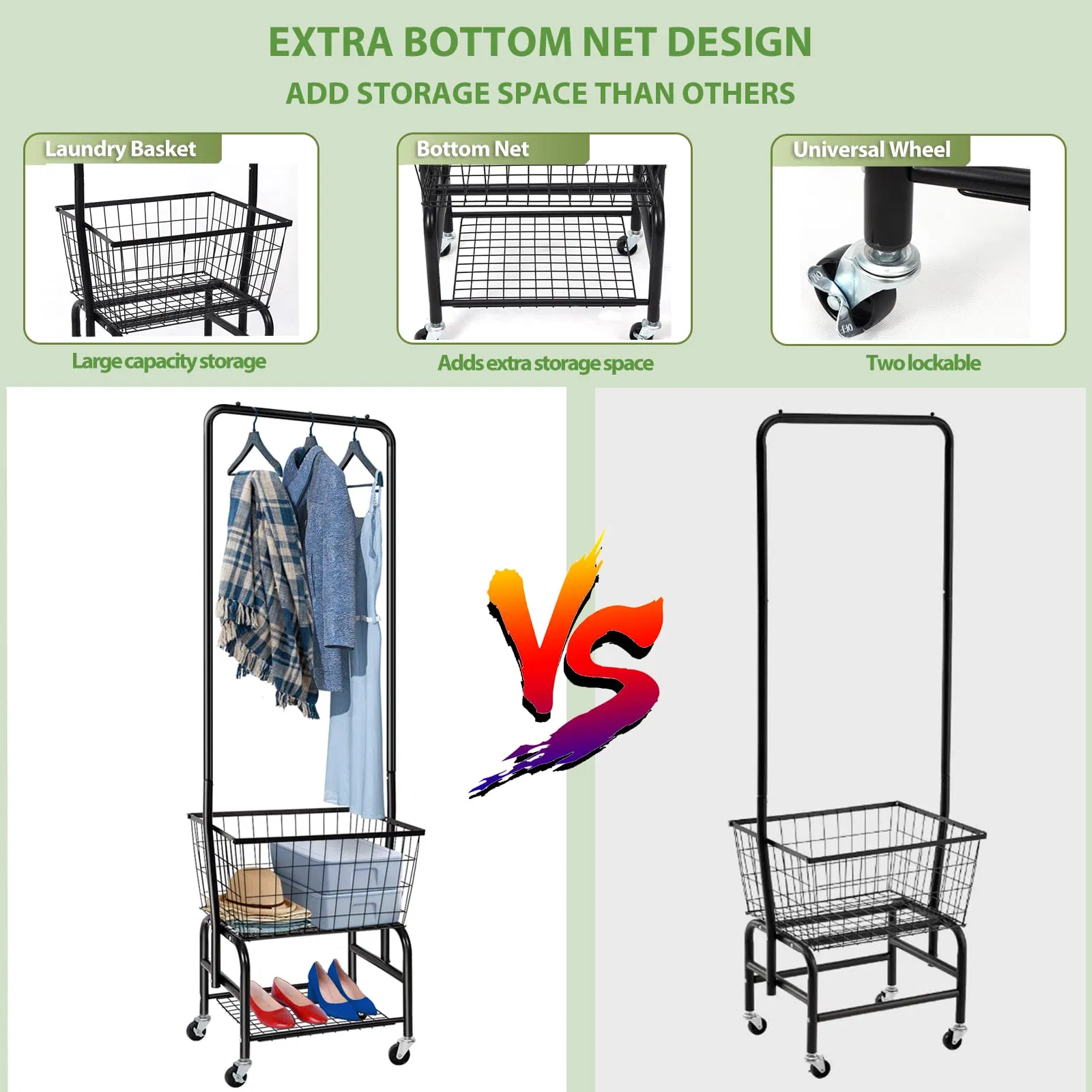 Laundry Cart with Wheels and Hanging Rack, Rolling Laundry Basket with Clothes Rack