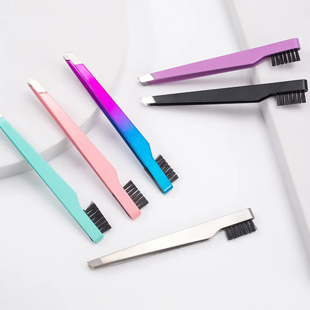 Stainless Steel Squared Eyebrow Eyelashes Tweezers Slanted Lashes Eyelash Tweezer with Nylon Brush