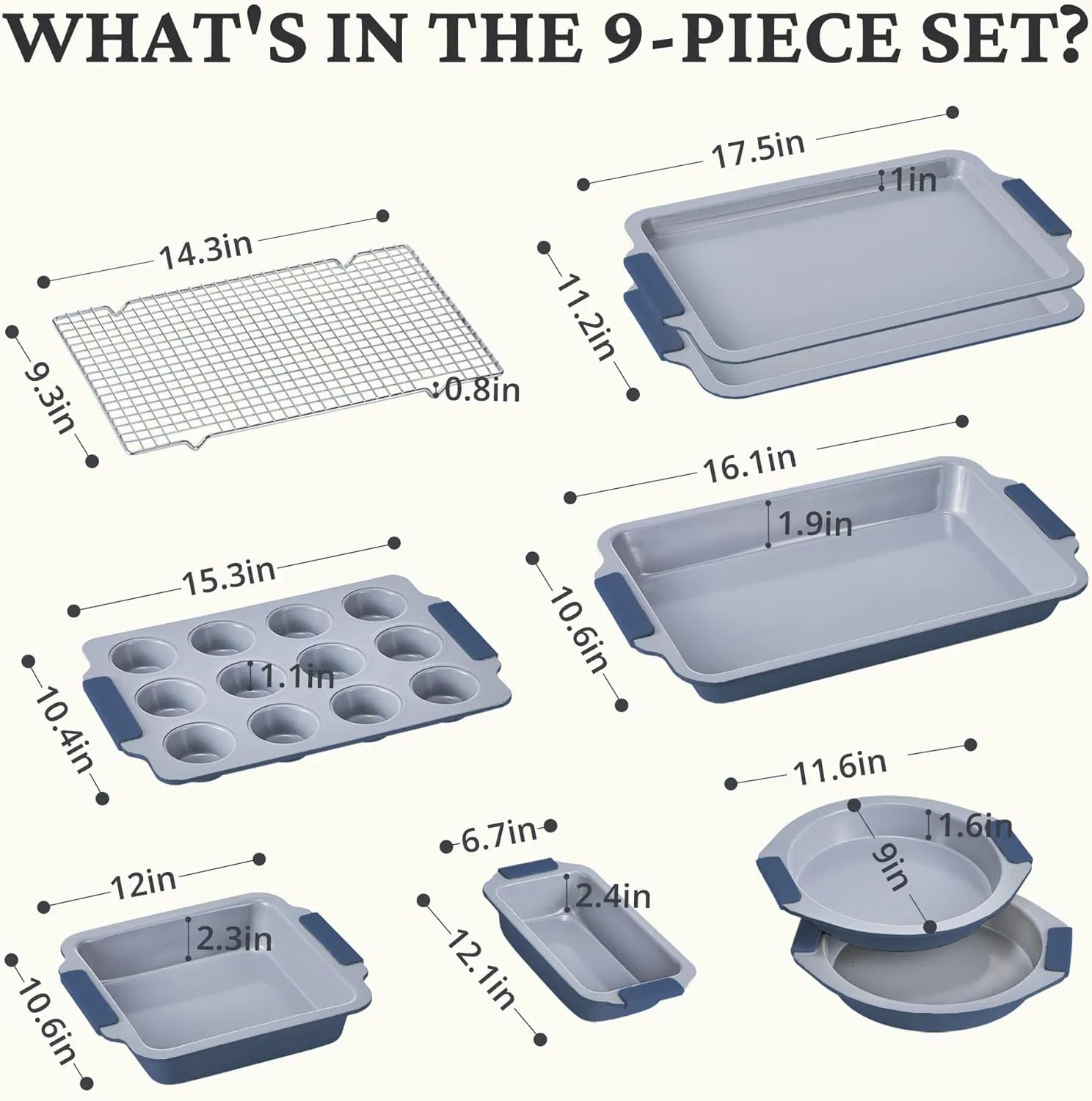 Nonstick Ceramic Bakeware Set (9 Pieces) , Heavy Duty Aluminized Steel Bakeware-Baking Pans Set with Silicone Handles, Includes Sheet Pans, Loaf Pan, Muffin Pan