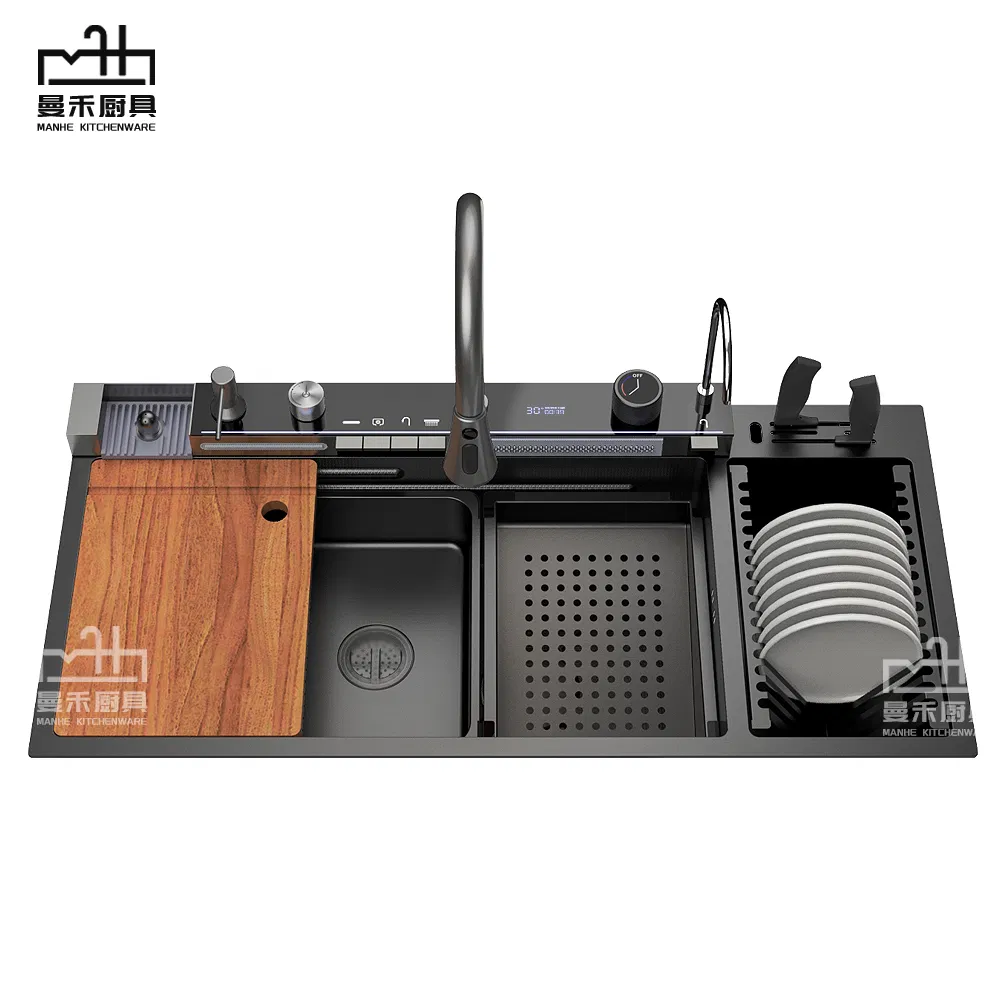 New Handmade Extended Stainless Steel Dish Bain Waterfall Kitchen Sink with Dish Rack 10046