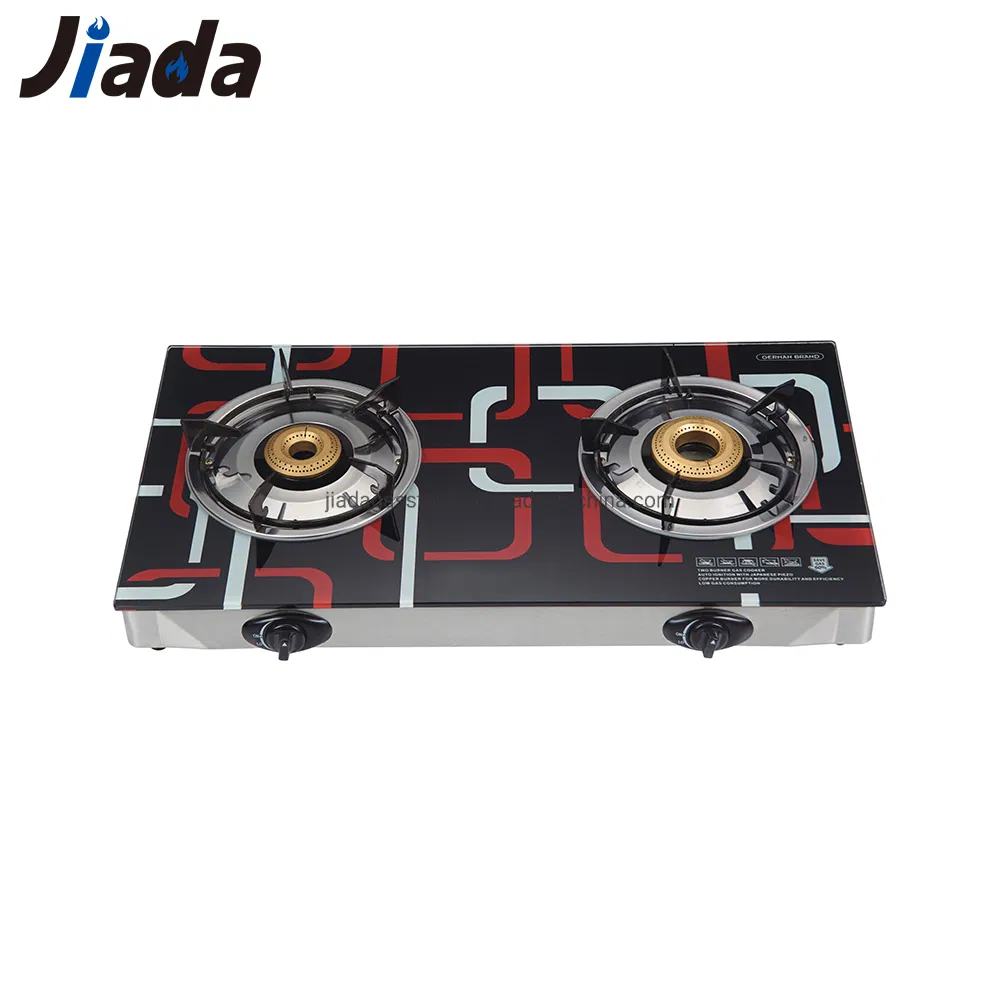 China Supply Commercial Enamel Pan Support Table Glass Top Double Cast Iron Burner Gas Stove