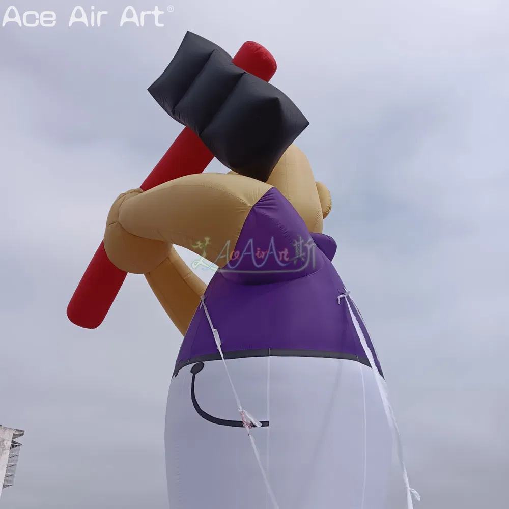 Giant Inflatable Hammer Lifter Model Advertising Bald Head Man with Detachable Logo for Outdoor Sports Decoration