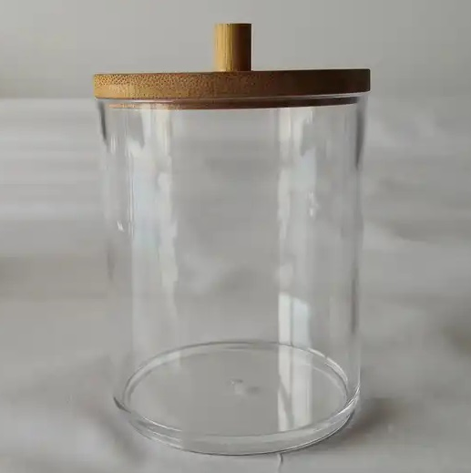 PS Acrylic Organizer Cotton Swab Ball Pad Bud Holder, Qtip Jar Clear with Bamboo Lids