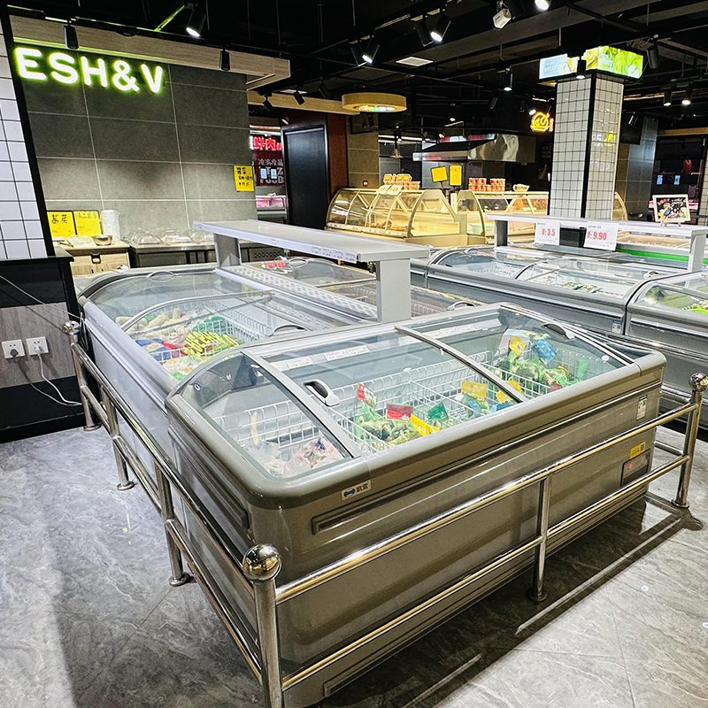 Top Opening Glass Door Horizontal Chest Island Type Display Refrigerator