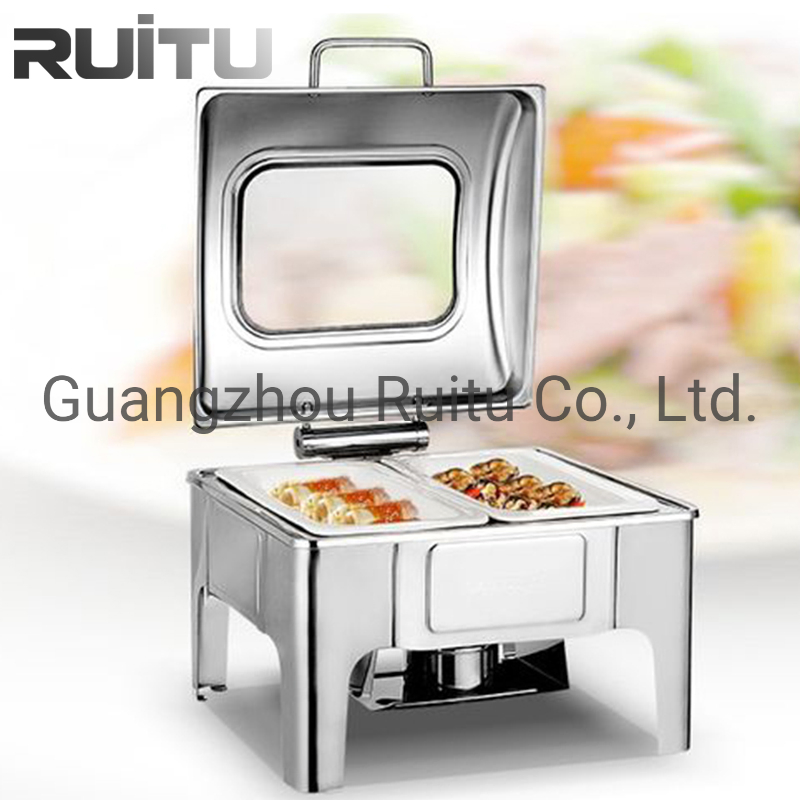 Restaurant Buffet Utensils Marmite Chauffante Catering Fuel Heating Pots 6L Square Window Lid Stainless Steel Gn Pan Food Warmer Chafer Dish Set for Catering