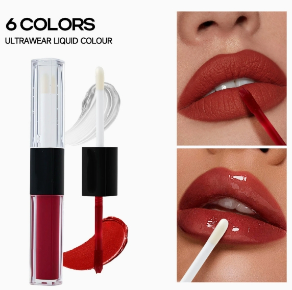 Cross-Border Exclusive Double-Ended Mirror-Finish Glossy Lipgloss with Fine Shimmer, Matte Finish, Long-Lasting Color, Double-Ended Design.