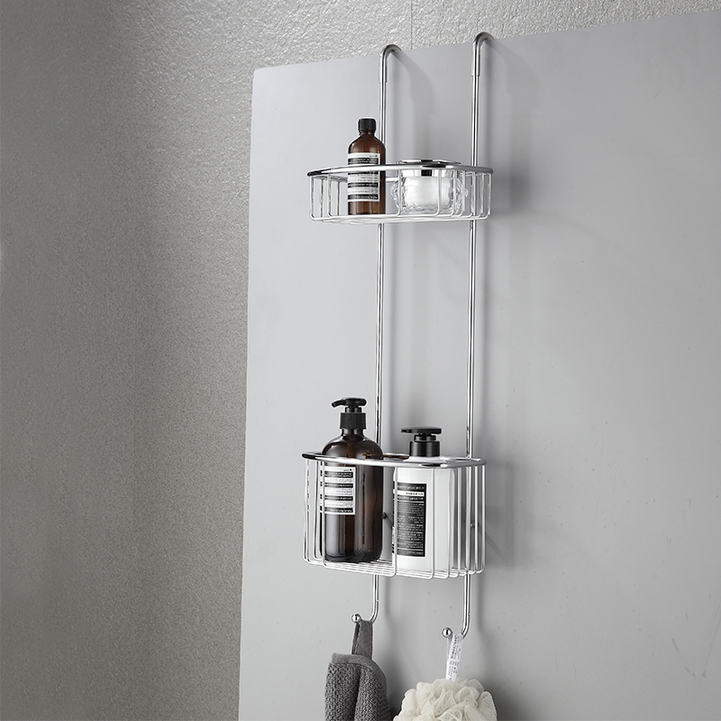 Stainless Steel Shower Room Hanging Basket 2 Tier Bathroom Shelves with Hooks