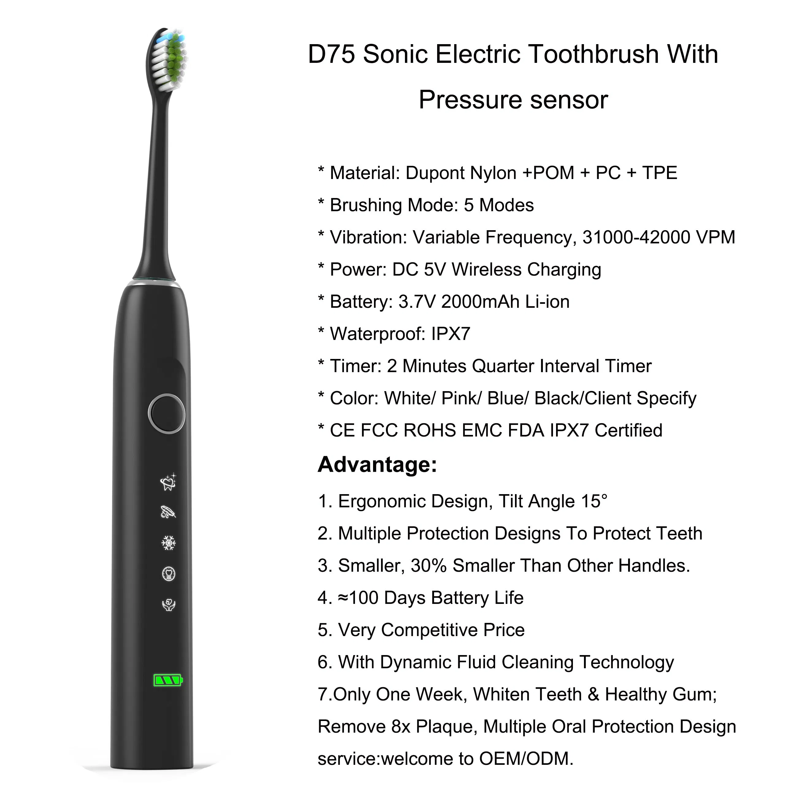 D75 with Pressure Sensor and Wireless Charger Electric Toothbrush