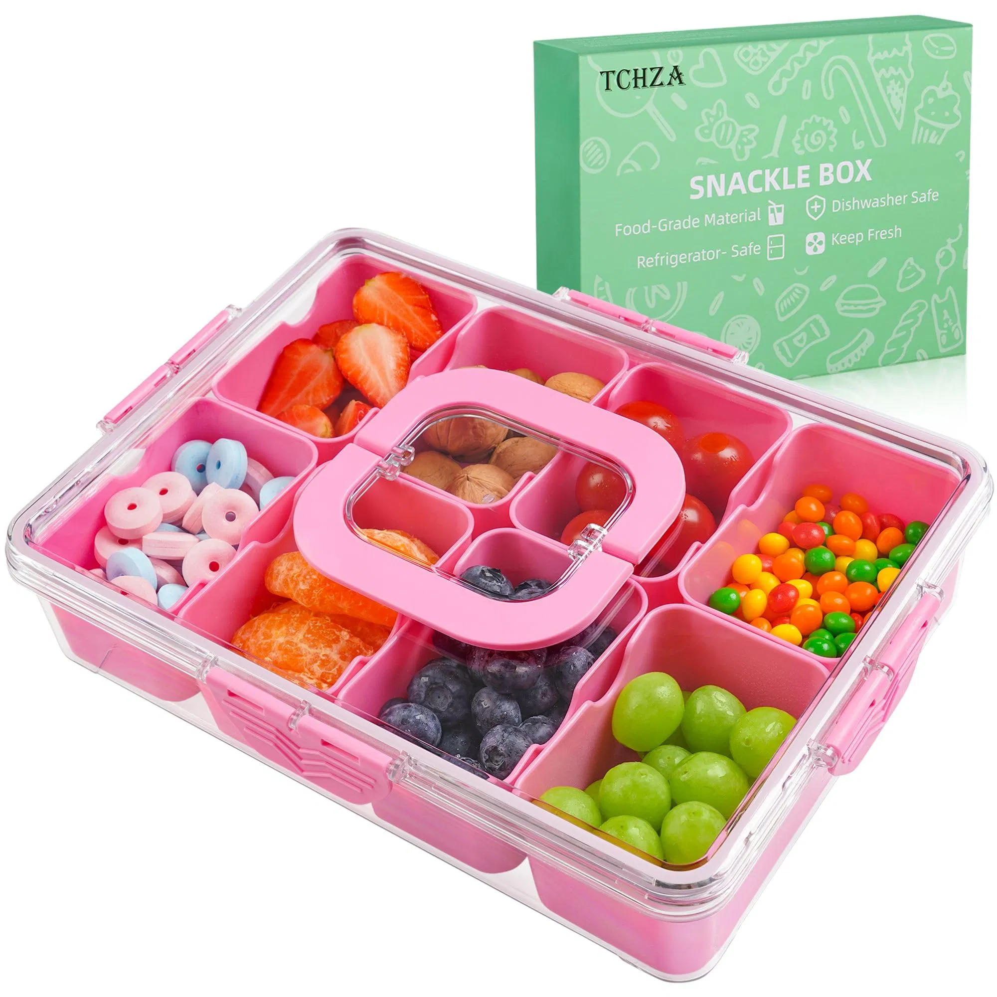 Snackle Box Container, 2 Pack Divided Serving Tray with Lid and Handle, Snack Box Charcuterie Container for Portable Snack Platters, Fruits, Travel, Party