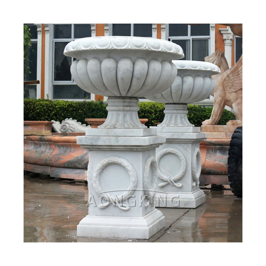 Natural Classic Style White Marble Flowerpot Statue for Park Decoration