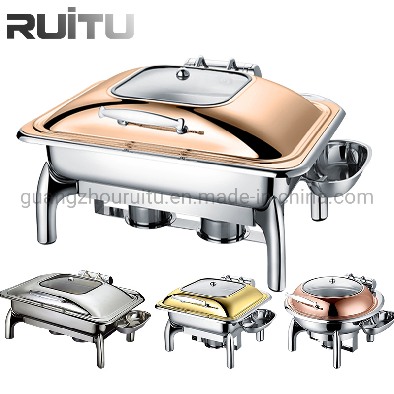Catering Roll Top Chaffing Plated Food Warmer with Window Buffet Furnace Golden Color Brass 9L Shaffing Dish Gold Chafing Dish
